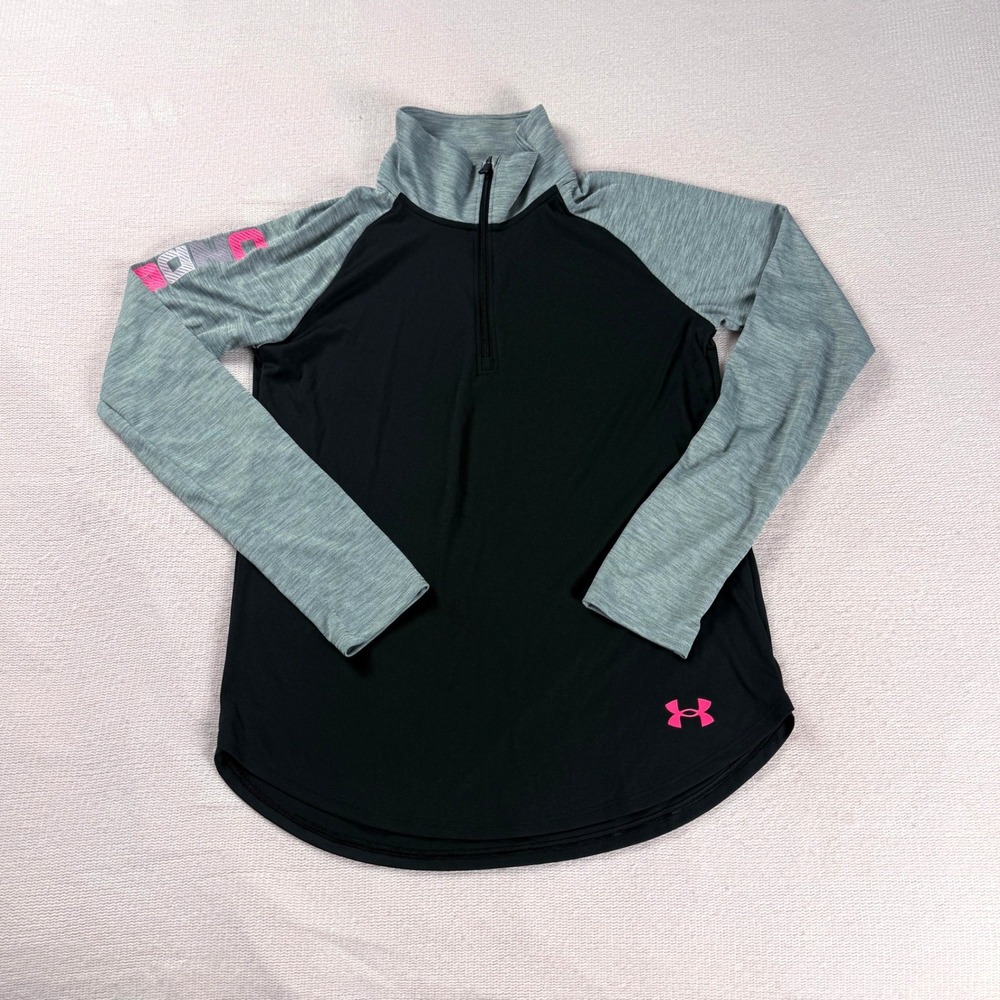 Under Armour 1/4 Zip Pullover Girls YXL Black Gray HeatGear Raglan Long Sleeve